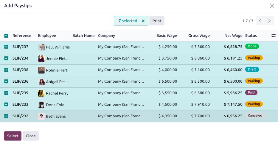 Adding individual payslips to a batch by selecting them form this list.