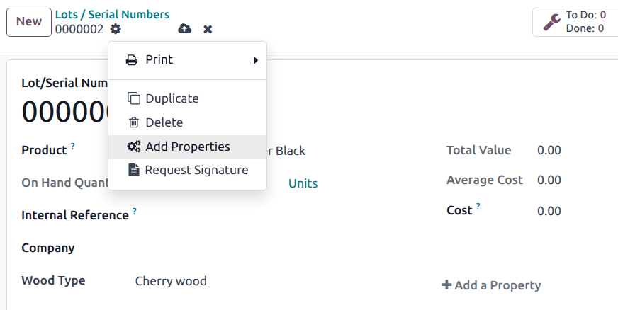Show the "Add Properties" button on a lot number form.