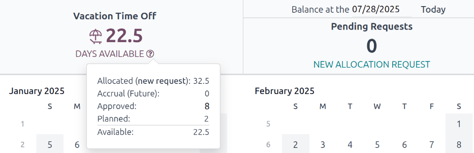 A view of the complete time off balance details in the popover window.
