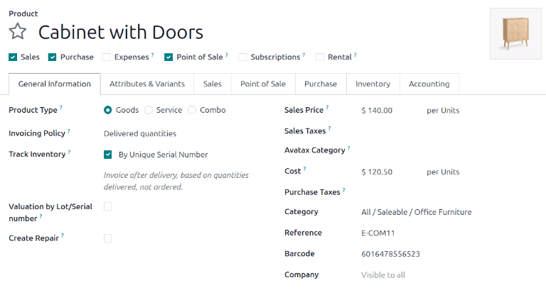 Cabinet with doors product form showcasing various details and fields.