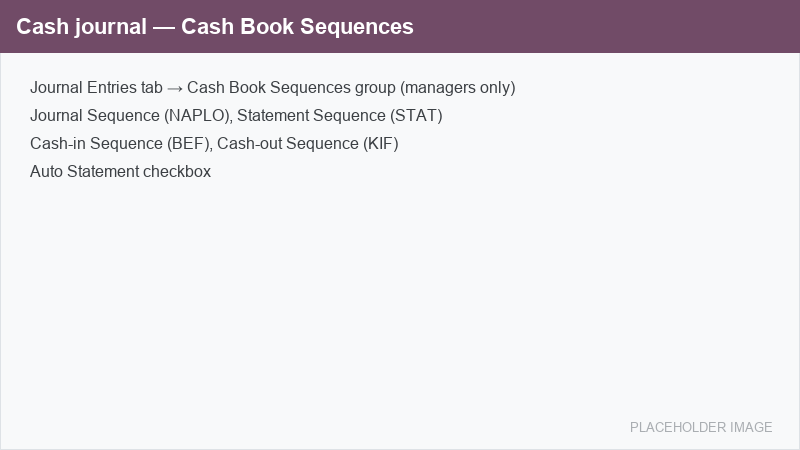 Cash Book Sequences group on the cash journal form