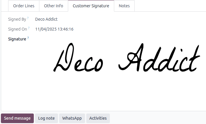 The Customer Signature tab on a sales order when in Developer Mode.