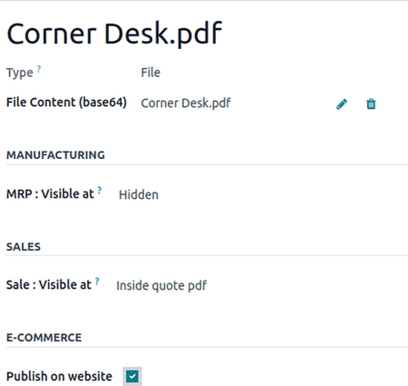 A standard document form with an uploaded pdf in Odoo Sales.