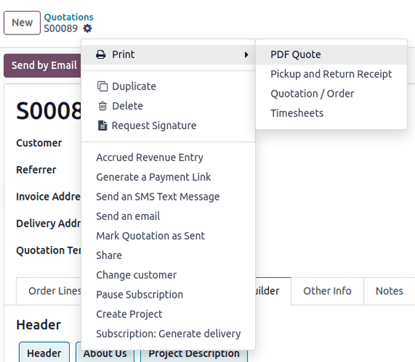 Print pdf quote option on drop-down menu located on confirmed sales order in Odoo Sales.