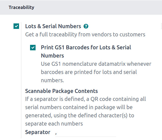 Inventory settings with 'Print GS1 Barcodes for Lots & Serial Numbers' ticked.