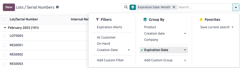 Group by expiration dates on lots and serial numbers page.