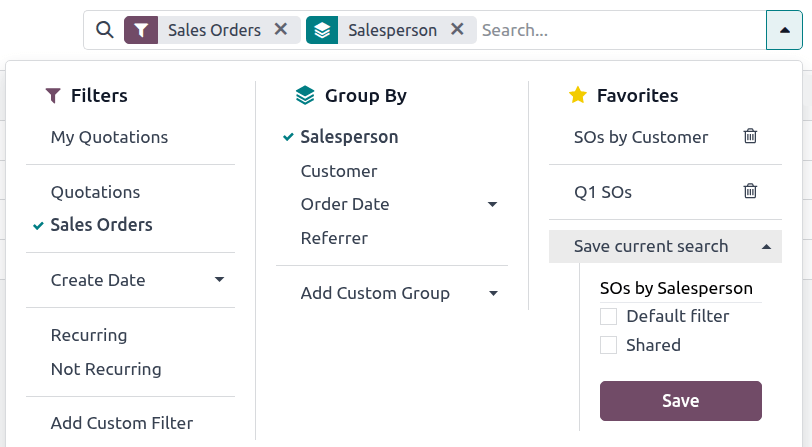 Saving a favorite search on the Sales Analysis report.