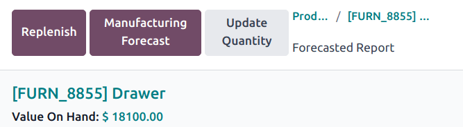 The Update Quantities button on a Forecast report in the Inventory app.