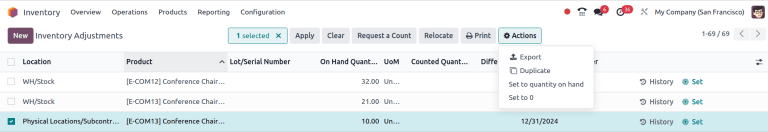Inventory Adjustments Actions menu.