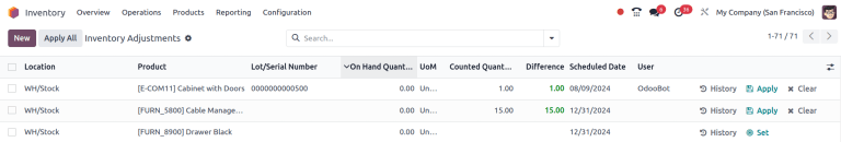 In stock products listed on the Inventory adjustments page.