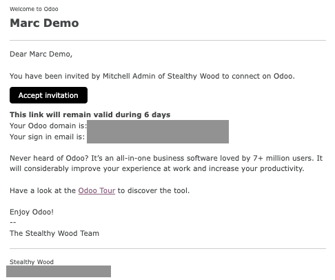 View of a user's form with a notification that the invitation email has been sent in Odoo.