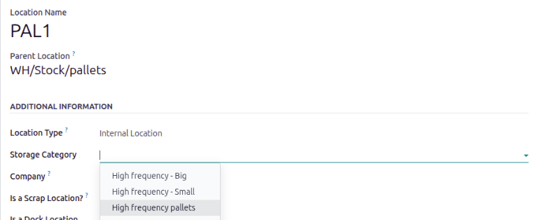 When a Storage Category is created, it can be linked to a warehouse location.