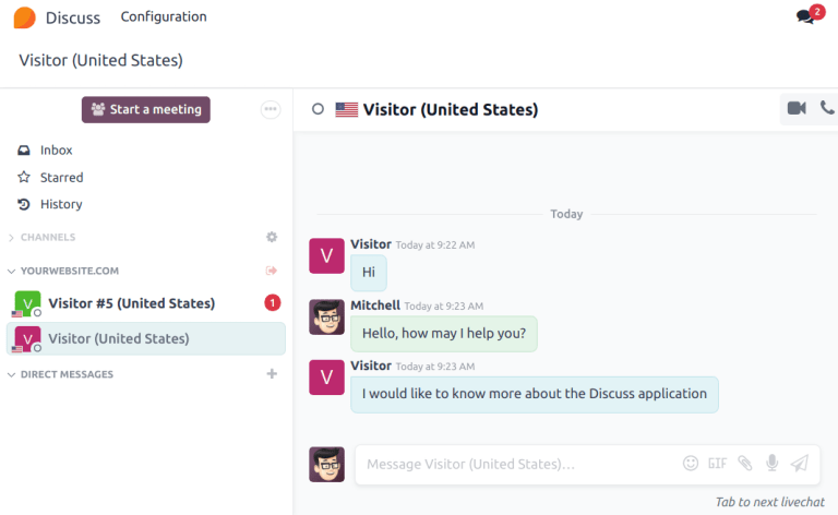 View of the discuss application with a message sent through live chat in Odoo.