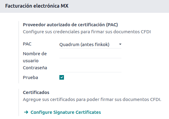 Configuring PAC credentials from the Accounting settings.