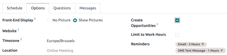 The options tab on an appointment type form.
