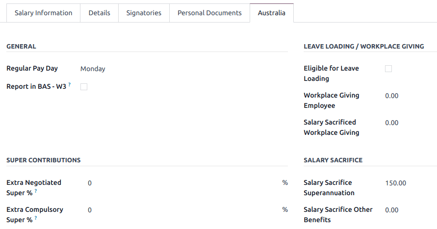 Australia tab of a contract.