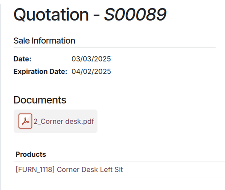 Sample of an uploaded pdf with the on quote option chosen in Odoo Sales.