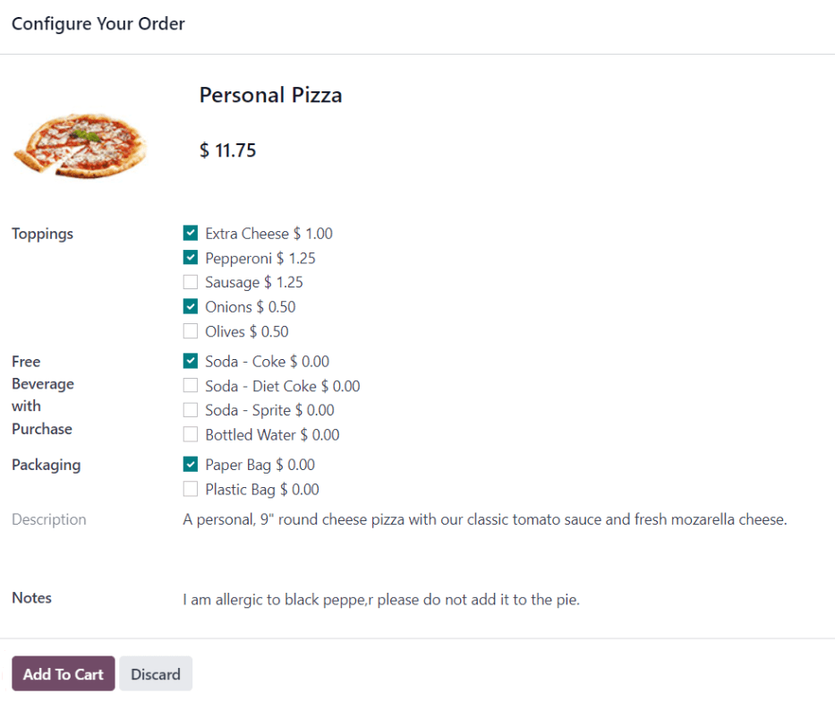 The pop-up window for a personal pizza, with all the extras selected.