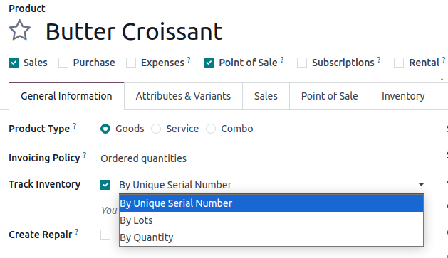 Enabled serial number tracking on product form.