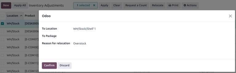 The Relocate products pop-up on the Inventory Adjustments page.
