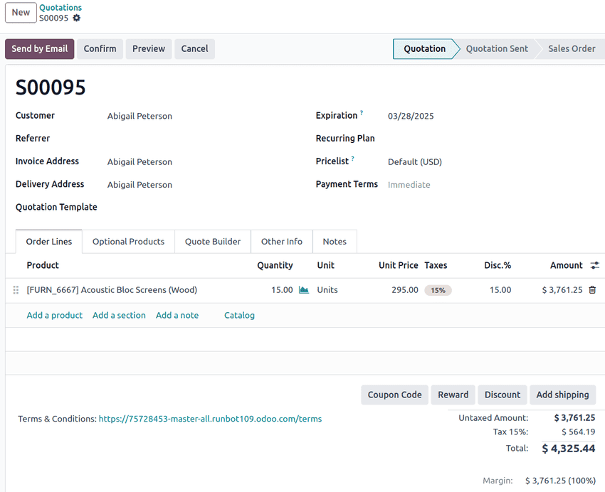 Unconfirmed sales quotation in Odoo **Sales** app.