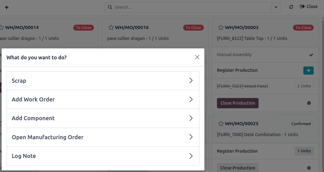 Scrap pop-up window in the Shop Floor app.