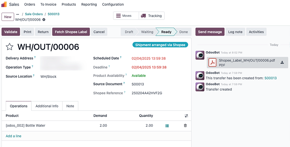 Stock move created for Shopee order in Odoo.