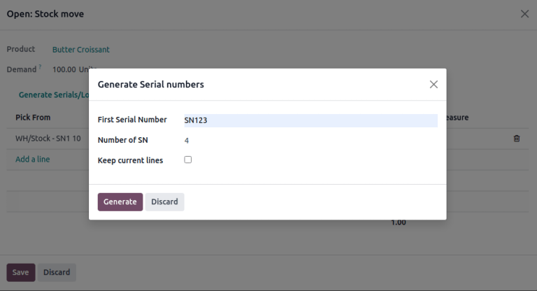 Show generate serials pop-up.