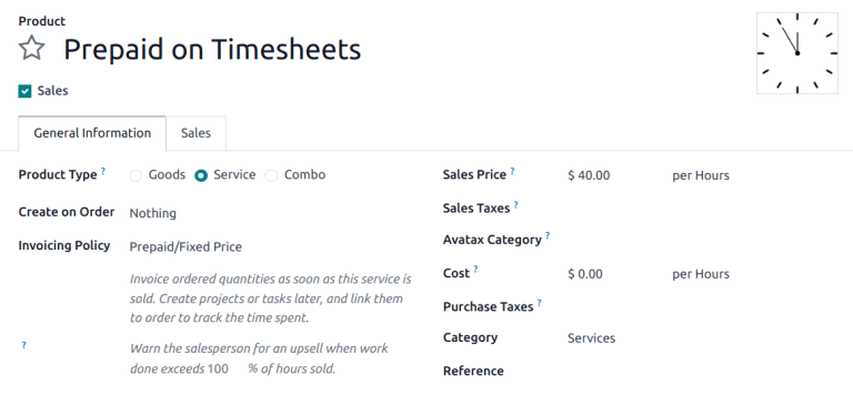 View of a service product with the invoicing policy set to 'prepaid/fixed'.