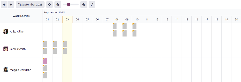 Conflicts dashboard view showing all employee's conflicts in work entries.