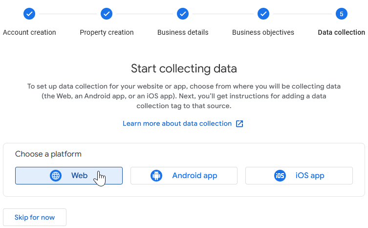 Válasszon platformot a Google Analytics tulajdonához.