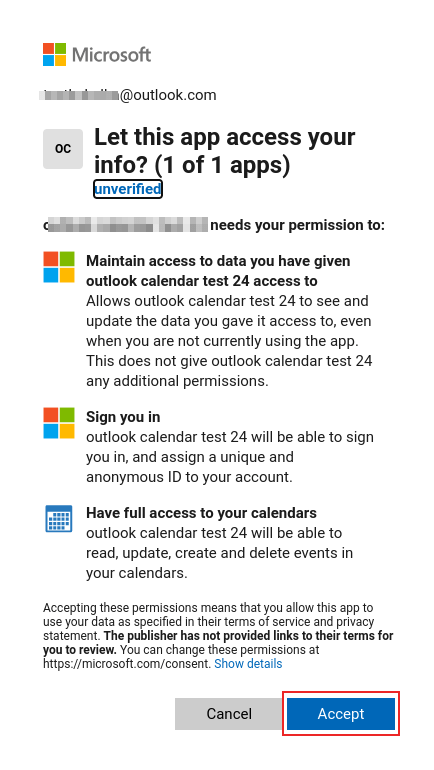 Hitelesítési folyamat a Microsoft Outlook OAuth oldalon.