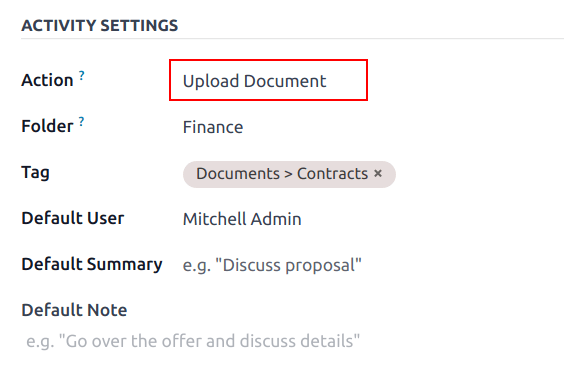 Az új tevékenységtípus tevékenység beállításai, különös tekintettel a Művelet mezőre.