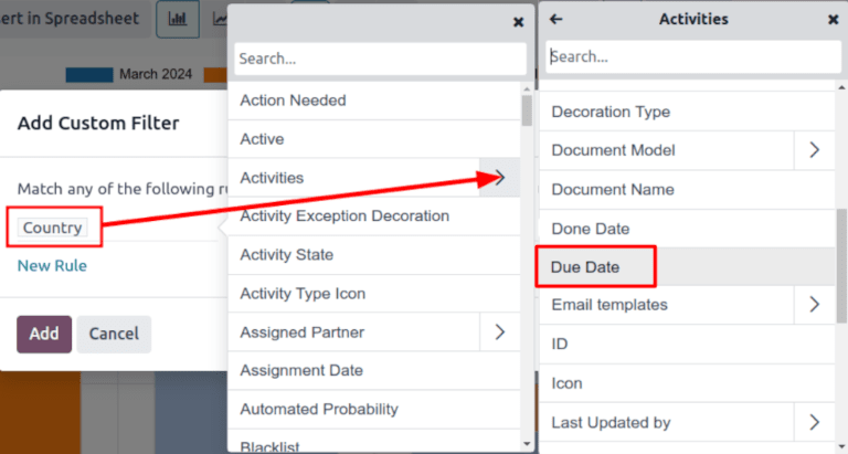 Egyéni szűrő felugró ablak, amely hangsúlyozza a tevékenységek és a határidő opcióit.
