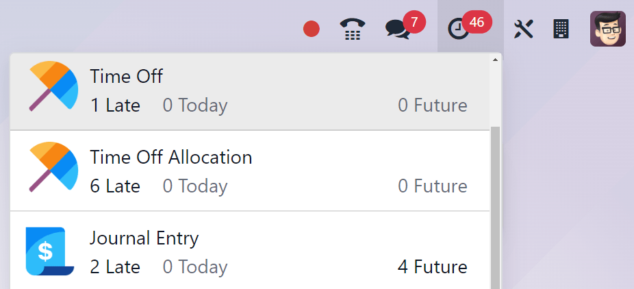 Az aktivitások listája, amely a főmenüsorból érhető el. Két bejegyzés a Szabadság alkalmazáshoz ki van emelve.A tevékenységek listája, amely a főmenü sávból érhető el. Két bejegyzés a Time Off alkalmazáshoz ki van emelve.