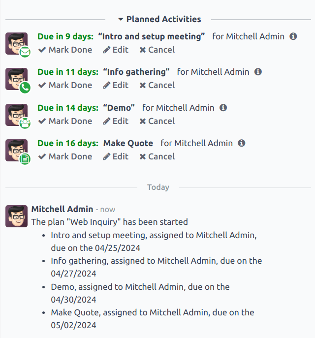Egy CRM lehetőség csevegőszála egy elindított tevékenységi tervvel.