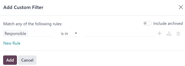 Egyedi szűrő felugró ablak, amely az Odoo Email Marketing alkalmazásban jelenik meg.