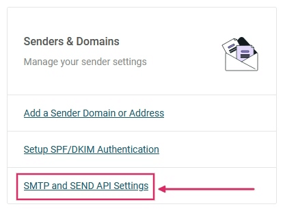 SMTP és Send API Settings link a Mailjet Senders & Domains szakaszában.