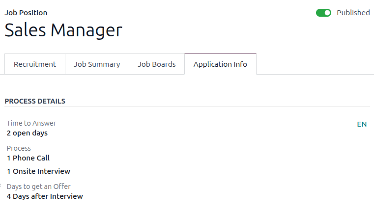 Adja meg az állásinformáció részleteit a toborzási fülön.