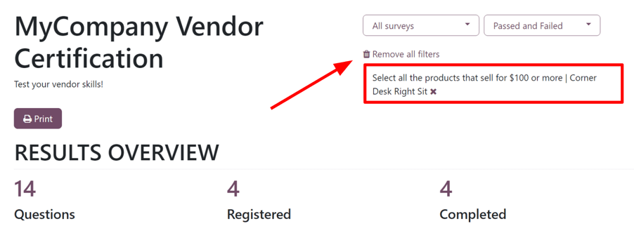 Az alkalmazott szűrő az 'Eredmények megtekintése' oldalon az Odoo Kérdőívek alkalmazásban.