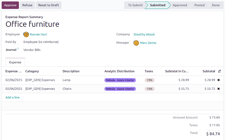 Egy egyéni költségjelentés, amely jóváhagyható vagy elutasítható.