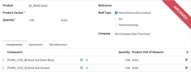 Mutassa az archivált Bill of Materials-t.
