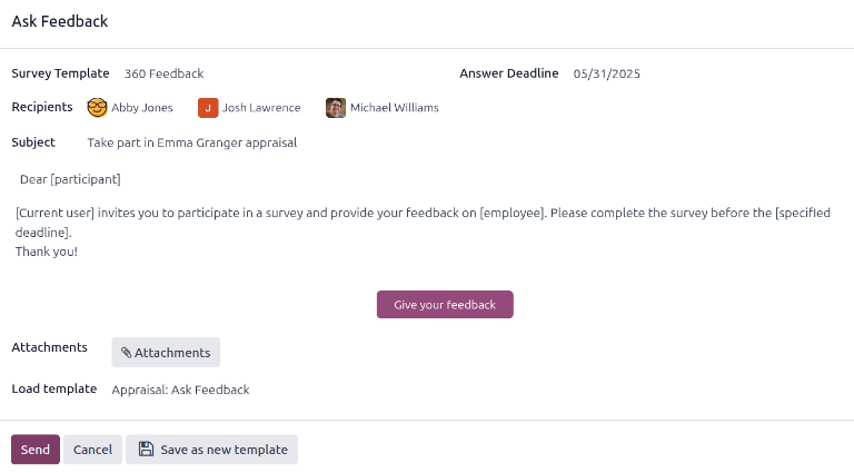 Az e-mail felugró ablak, amikor visszajelzést kér más alkalmazottaktól.