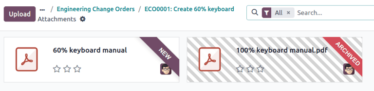 *Mellékletek* oldal nézete a *Dokumentumok* okos gombból. Egy archivált és egy újonnan hozzáadott mellékletet jelenít meg.