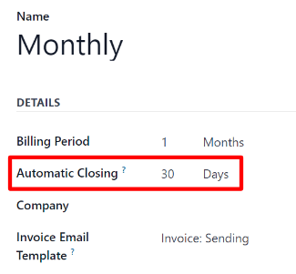 Az Automatic Closing mező egy Recurring Plan űrlapon az Odoo Subscriptions-ben.