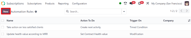 Az Automatizálási Szabályok oldal az Odoo Előfizetések alkalmazásban.