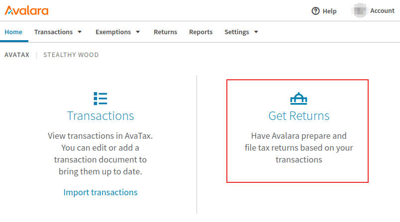 Avalara portál a visszatérítési gyorsgomb kiemelésével.