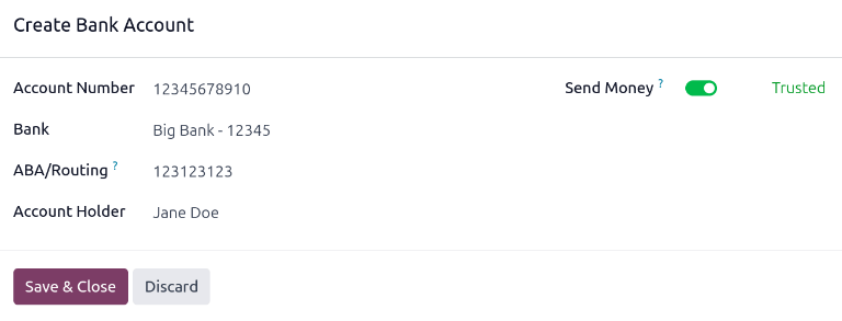 A Bankszámla létrehozása űrlap minden kitöltött információval.
