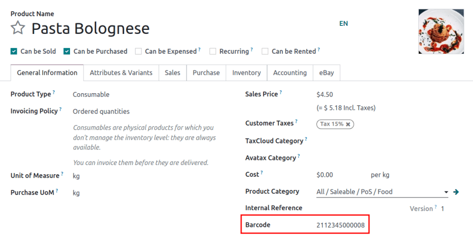 Vonalkód mező a termék űrlapon.