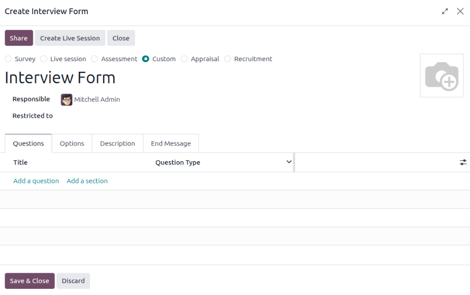 Az üres interjú űrlap felugró ablak.